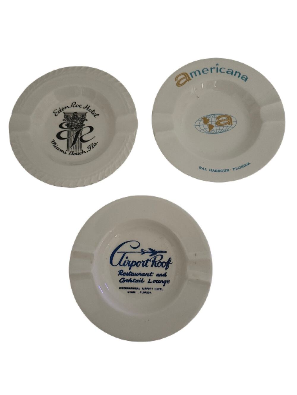 Vintage Miami Hotel/Lounge Ashtrays-Lot of 3-Americana, Eden Roc & Airport Roof